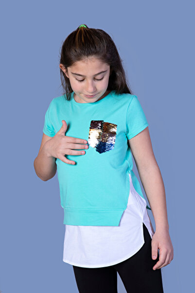 Toontoy Girl's Sequin Embroidered T-Shirt with Chest Pockets
