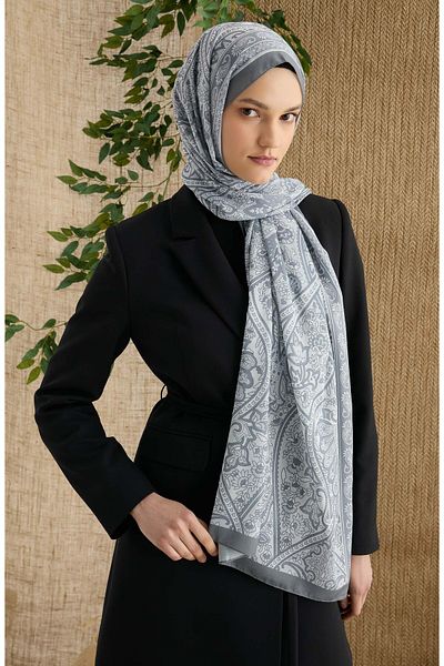 Fatma Atasoy Hera Gray Ethnic Pattern Shawl