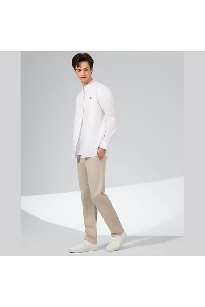 Giordano Men's Cotton Oxford Shirt - Small Lion Embroidery, Slim Fit, Full Button