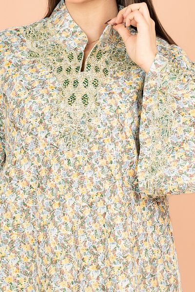 IKKXA Mandarin Collar Embroidered Jalabiya with Printed Pattern