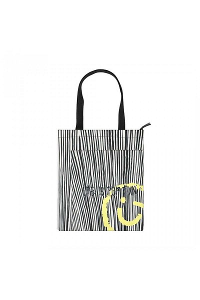 Miniso Smiley Face Print Shopping Bag - Black & White - 38x33 cm
