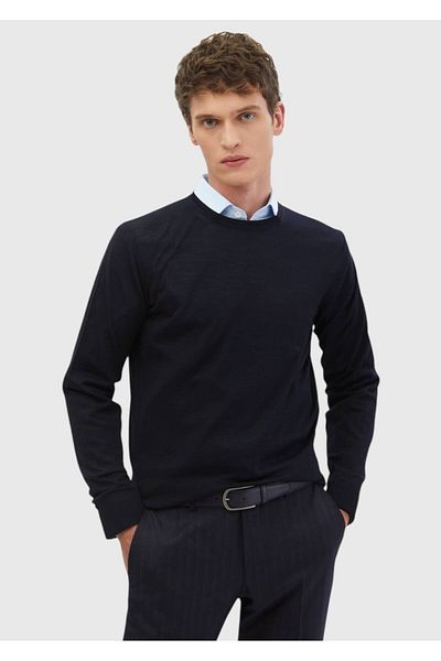 Ramsey Navy Blue Crew Neck Plain Knitted Wool Blended Knitwear