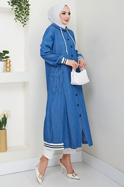 hafsamina Hooded Ribbed Denim Cap Light Blue Hm2691