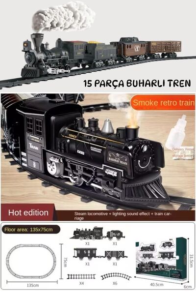 Hepsilazım Oyuncak Lokomotif Işıklı Sesli Buhar Çıkartan 15 Parça Tren Set