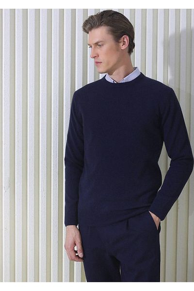 Ramsey 100% Cashmere Knitwear Navy Blue Crew Neck Plain Knit