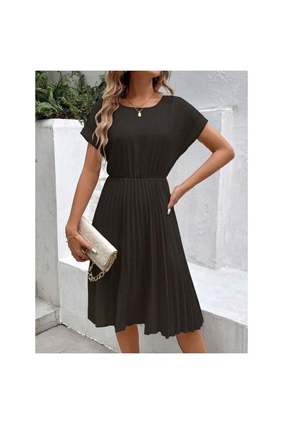 JANES Women's Short Sleeve Open Collar Elastic Waist Pleated Short Imported Crepe Dress