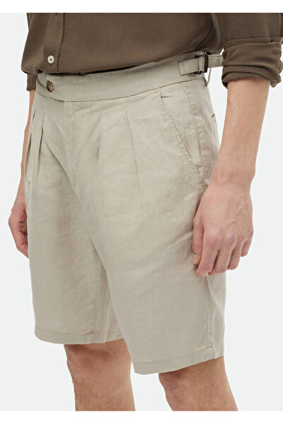 Ramsey Bej Düz Dokuma Carrot Fit Casual %100 Keten Bermuda