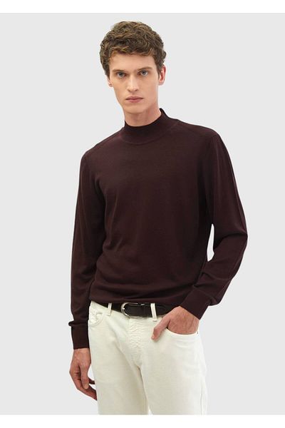 Ramsey Burgundy Bato Collar Plain Knitted Wool Blended Knitwear