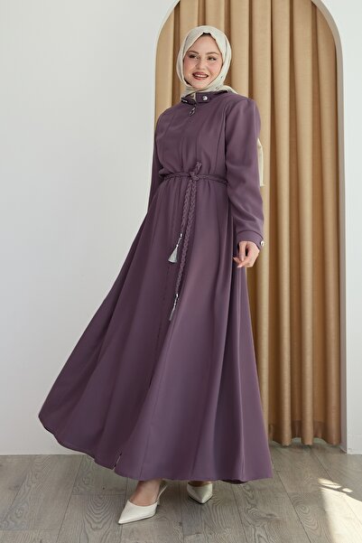 InStyle Sivya Yakası Düğme Kuşağı Örmeli Gül Kurusu Ferace