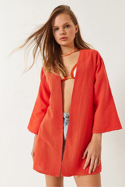 Bianco Lucci Women's Linen Textured Short Basic Kimono 60261496
