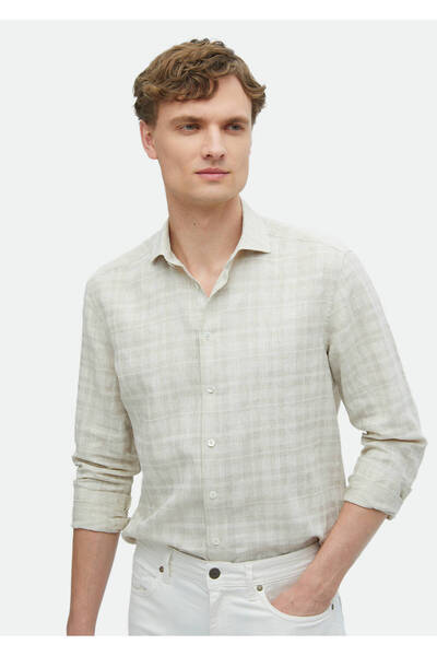 Ramsey Μπεζ κανονική εφαρμογή casual λινό πουκάμισο - εμπριμέ