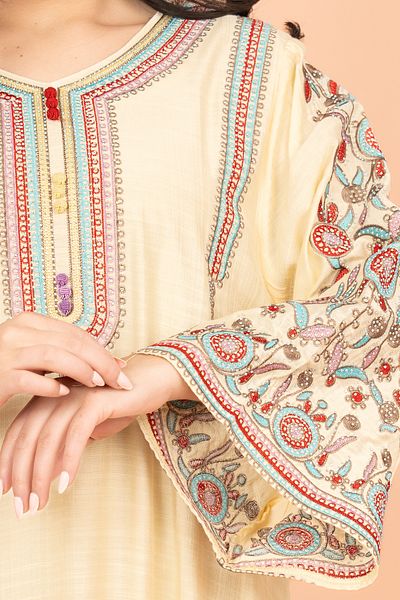 IKKXA Mandarin Collar Hand Embroidered Jalabiya