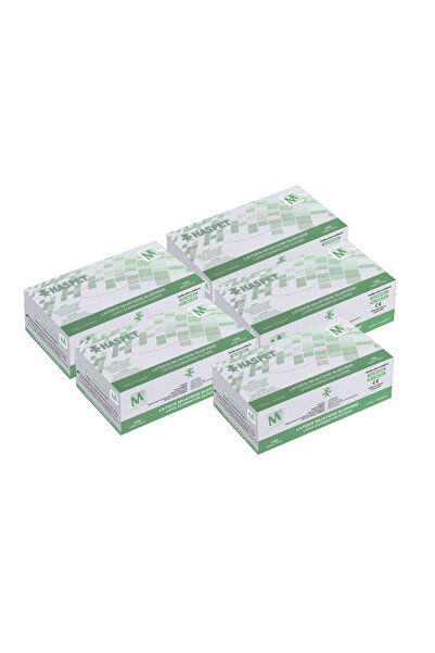 Has-Pet Haspet Lateks Muayene Eldiveni 100'lü M Orta Boy Pudralı Beyaz 5 Kutu