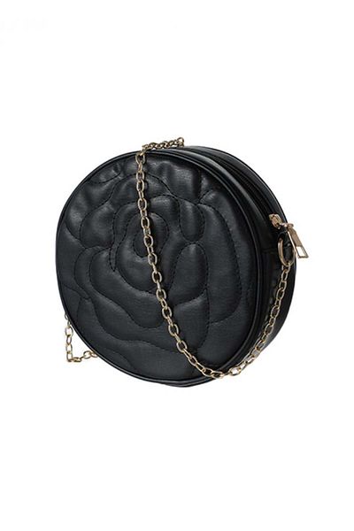 Miniso Rose Pattern Quilted Round Shoulder Bag with Chain - Black