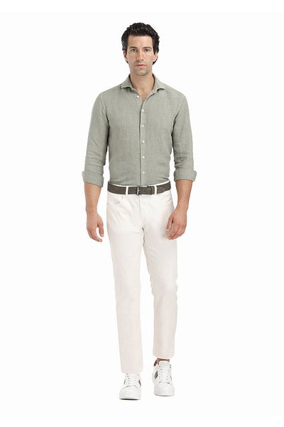 Ramsey Ecru Slim Fit Casual Βαμβακερό υφαντό παντελόνι