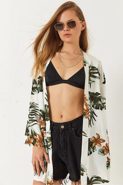 Bianco Lucci Women's Floral Patterned Short Viscose Kimono 60261498
