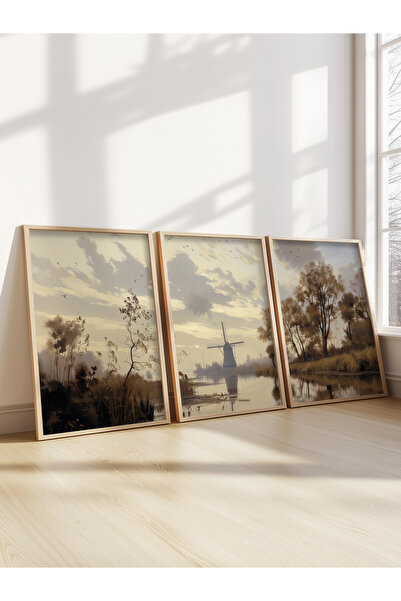 STARYUNA Ahşap çerçeveli 3'lü yağlıboya efektli vintage manzara tablo yuna47