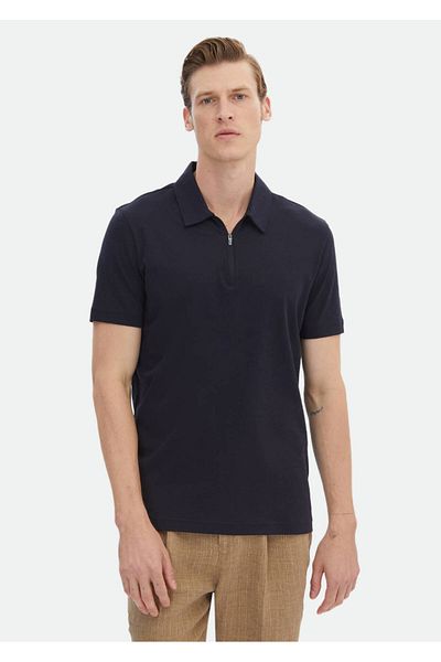 Ramsey Μπλουζάκι Navy Blue Plain Polo Neck 100% βαμβακερό