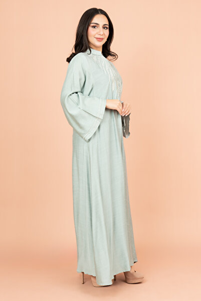 IKKXA Embroidered Solid Jalabiya with Stylish Mandarin Collar