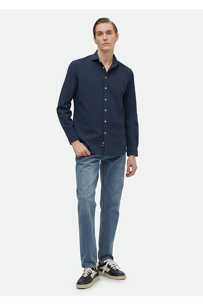Ramsey Πουκάμισο Casual με υφαντό βαμβακερό μείγμα Navy Blue Regular Fit