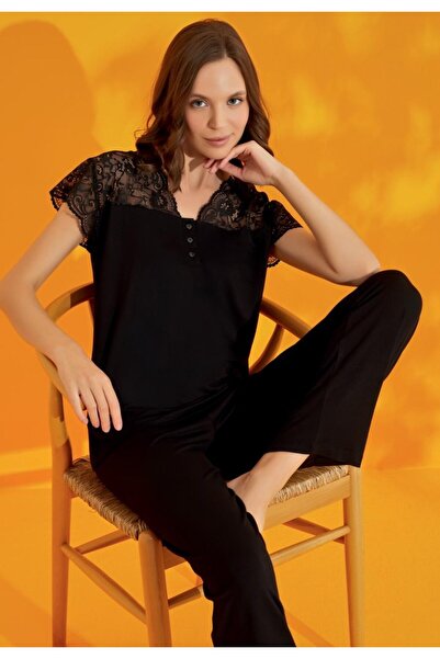 seamlife Set de pijamale cu mânecă scurtă, cu mânecă scurtă, cu nasturi, cu decolteu în V, din viscoză, lycra