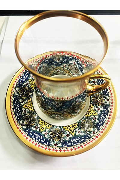 DECOSTYLE Pasabahce Gold 18 Piece Heybeli Tea Glass Porcelain Coffee Mirra Set