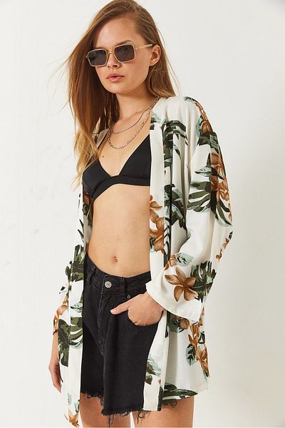 Bianco Lucci Women's Floral Patterned Short Viscose Kimono 60261498