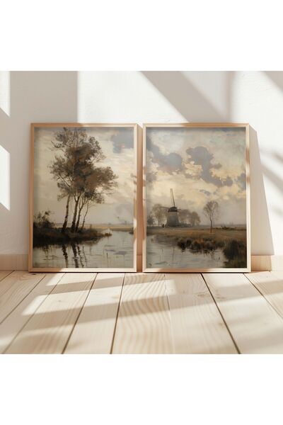 STARYUNA Ahşap çerçeveli 2'li yağlıboya efektli vintage manzara tablo yuna18