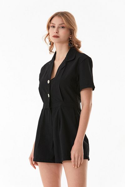 Fulla Moda Buttoned Double Breasted Collar Pocket Shorts Jumpsuit