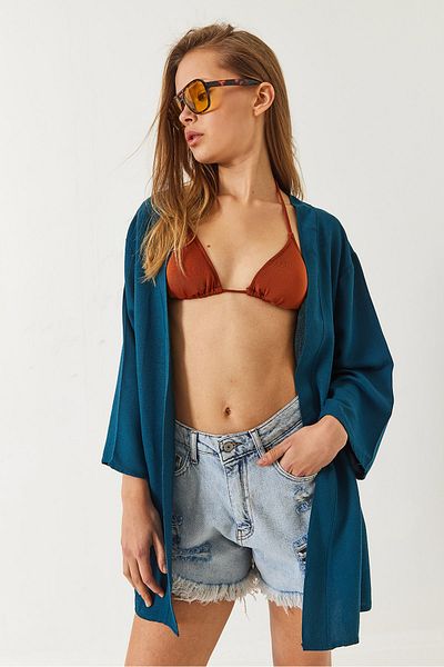 Bianco Lucci Women's Linen Textured Short Basic Kimono 60261496