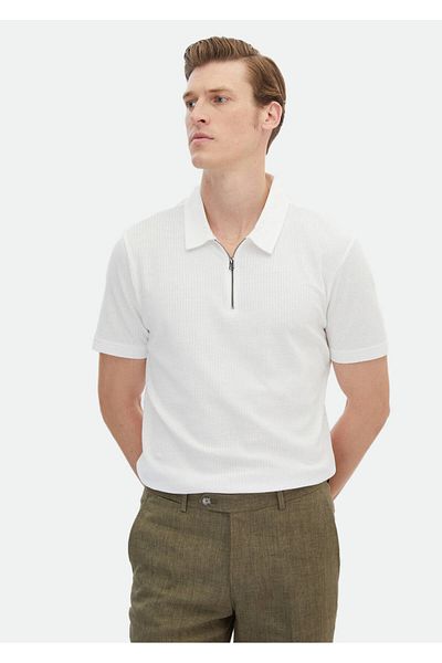 Ramsey Ecru Jacquard Polo Neck 100% Cotton T-shirt