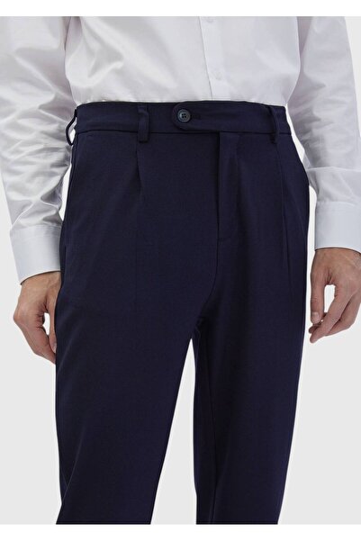 Ramsey Navy Blue Plain Knitted Regular Fit Casual Trousers