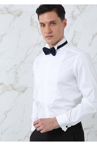 Ramsey Λευκό ίσιο πουκάμισο σμόκιν με κανονική εφαρμογή με διπλή μανσέτα