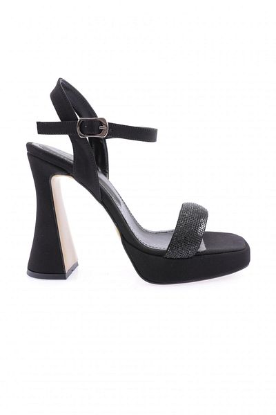 DGN Sandale cu toc gros cu bretele din piatră de cristal pentru femei, satin negru 46993382