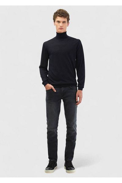 Ramsey Navy Blue Full Turtleneck Plain Knitted Wool Blended Knitwear