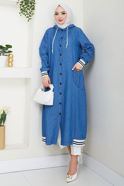 hafsamina Hooded Ribbed Denim Cap Light Blue Hm2691