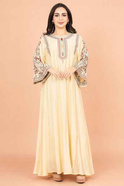 IKKXA Mandarin Collar Hand Embroidered Jalabiya