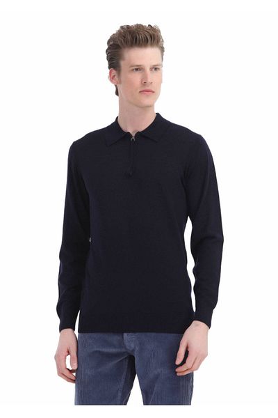 Ramsey Πλεκτό Polo Neck Navy Blue Wool - 100% Απλό Πλεκτό