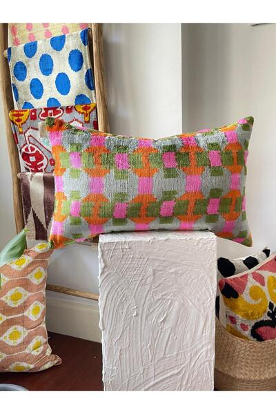 flora ceramic El Dokuma İkat İpek Kadife Kırlent