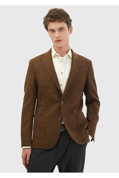Ramsey Καφέ ίσιο πουκάμισο Shoulder Slim Fit 100% μάλλινο μπουφάν