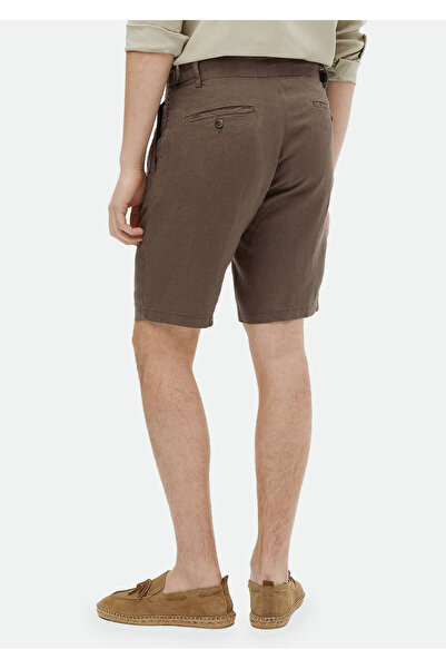 Ramsey Kahverengi Düz Dokuma Carrot Fit Casual %100 Keten Bermuda