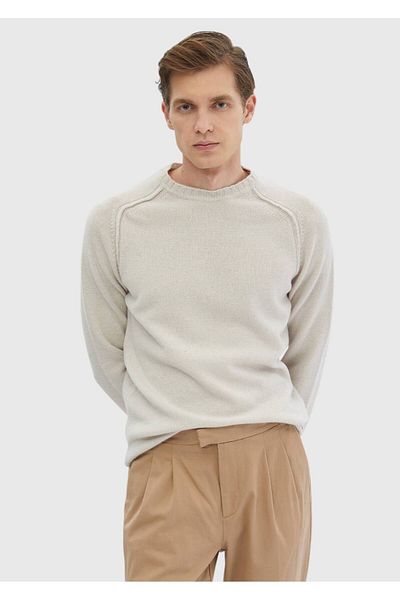 Ramsey Sand Crew Neck Plain Knit Wool Blended Knitwear