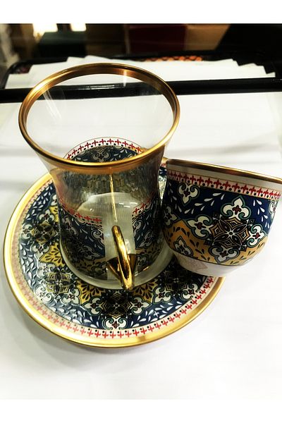 DECOSTYLE Pasabahce Gold 18 Piece Heybeli Tea Glass Porcelain Coffee Mirra Set