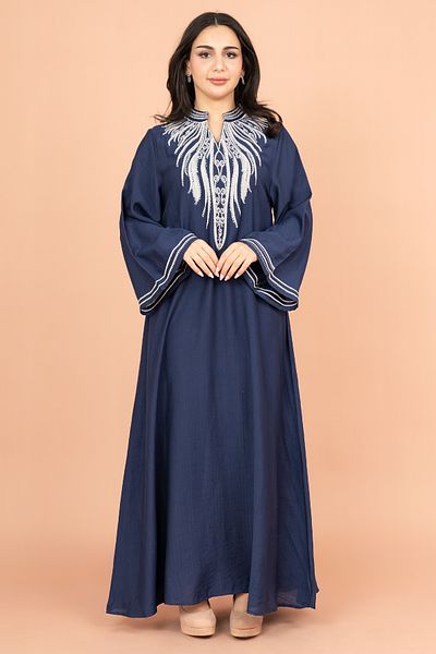 IKKXA Embroidered Solid Jalabiya with Stylish Mandarin Collar
