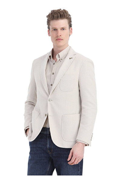 Ramsey Ekru Çizgili Shirt Shoulder Slim Fit Yün Karışımlı Ceket