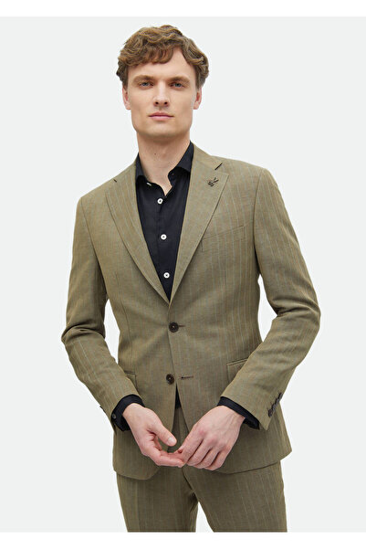 Ramsey Vizon Çizgili Zeroweight Slim Fit Keten Karışımlı Takım Elbise