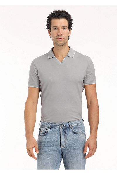 Ramsey Μπλουζάκι Polo Neck Grey Jacquard 100% βαμβάκι