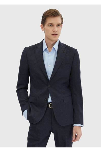 Ramsey Navy Blue Print Zeroweight Slim Fit 100% Wool Suit