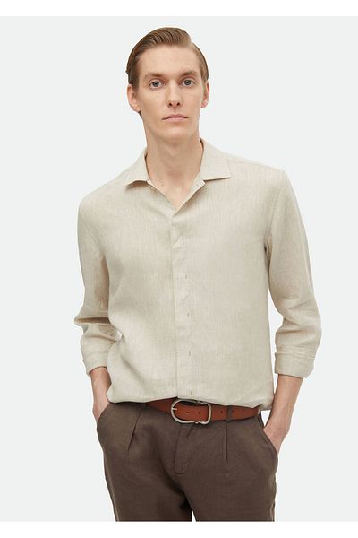 Ramsey Μπεζ Casual Fit απλό λινό πουκάμισο - 100% λινό