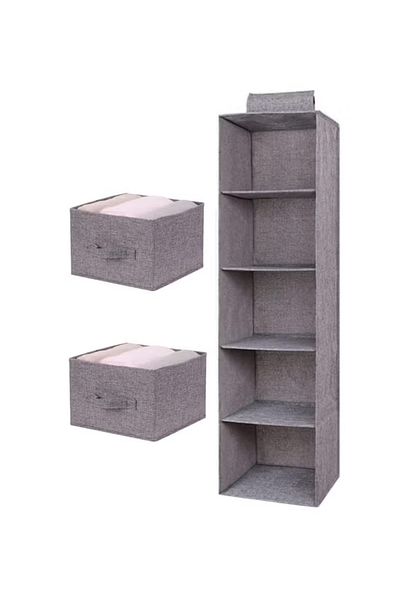 COOYA Hanging Closet Organizer 5-Shelf, Hanging Shelves for Closet with 3 Removable Drawers & Side Pockets